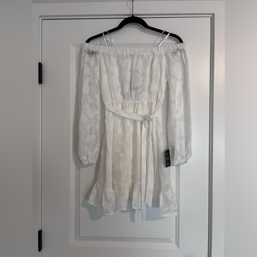 Lulus Tomorrow and Always Off The Shoulder White Burnout Floral Mini Dress